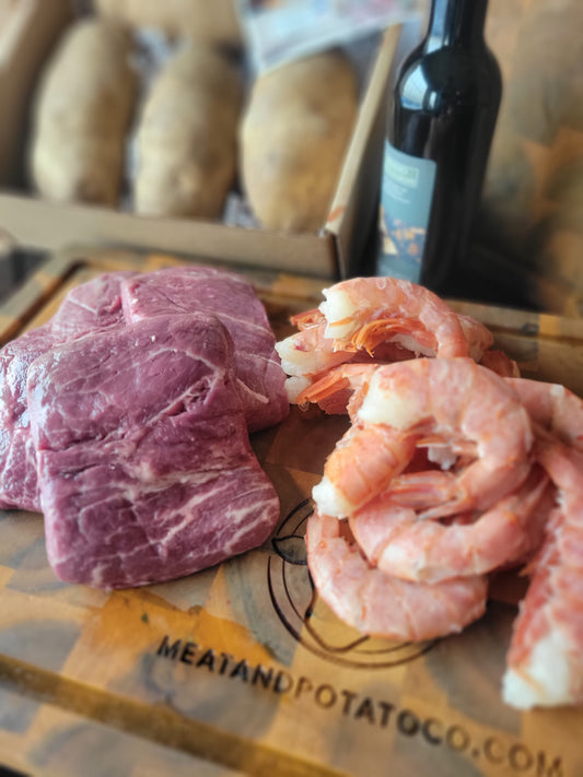 Flat Iron steaks and Wild Pink Prawns. (4 steaks and 2 Pounds of prawns)