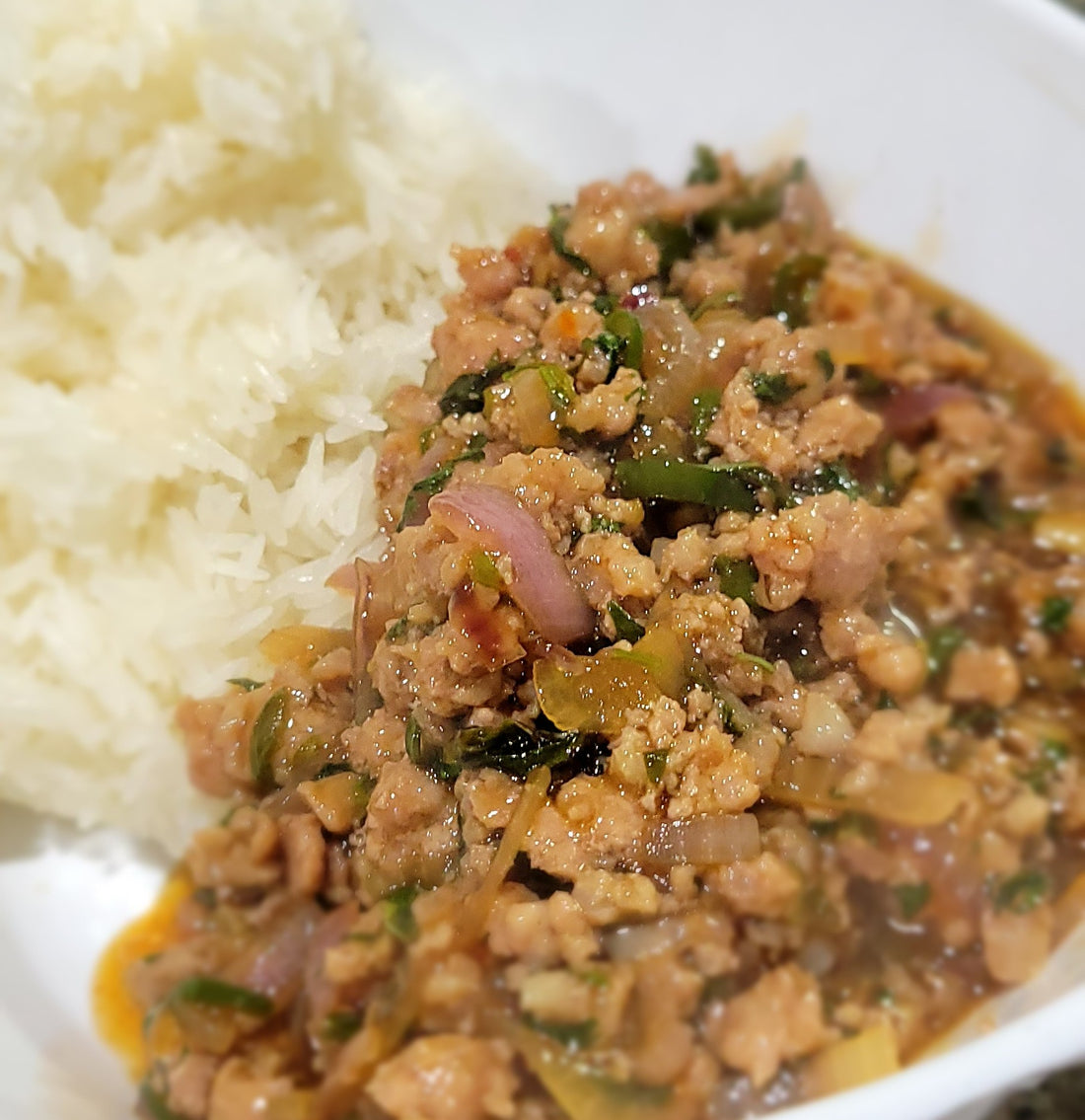 Thai Basil Pork over stick rice (quick recipe)